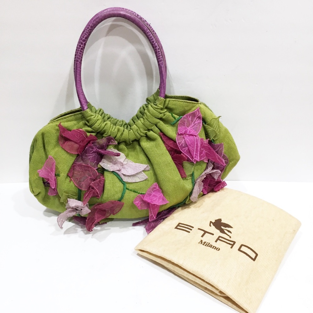 Etro green linen floral embellished satchel